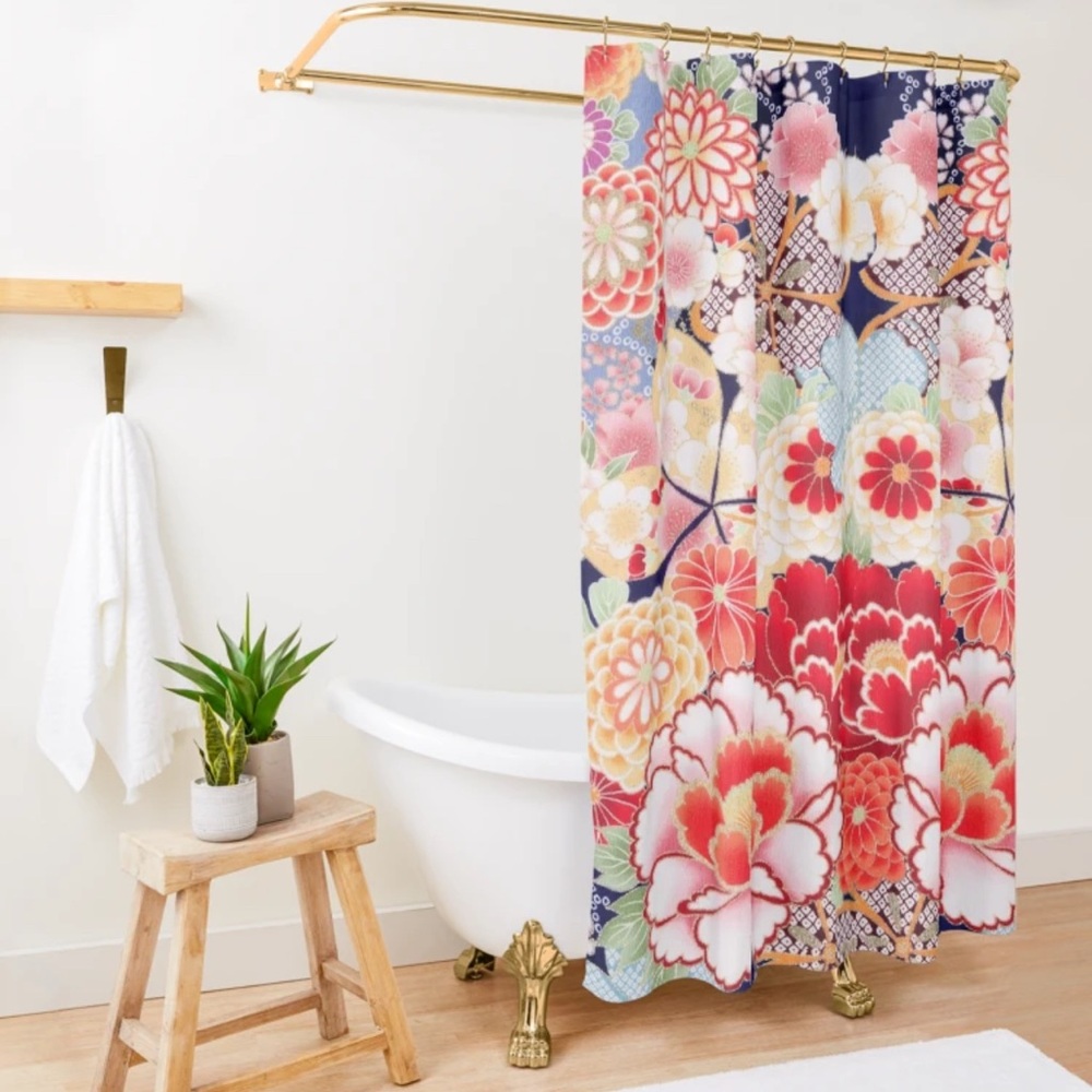 “Antique Japanese Flowers” Pink White Wild Roses Kimono Style Shower Curtain